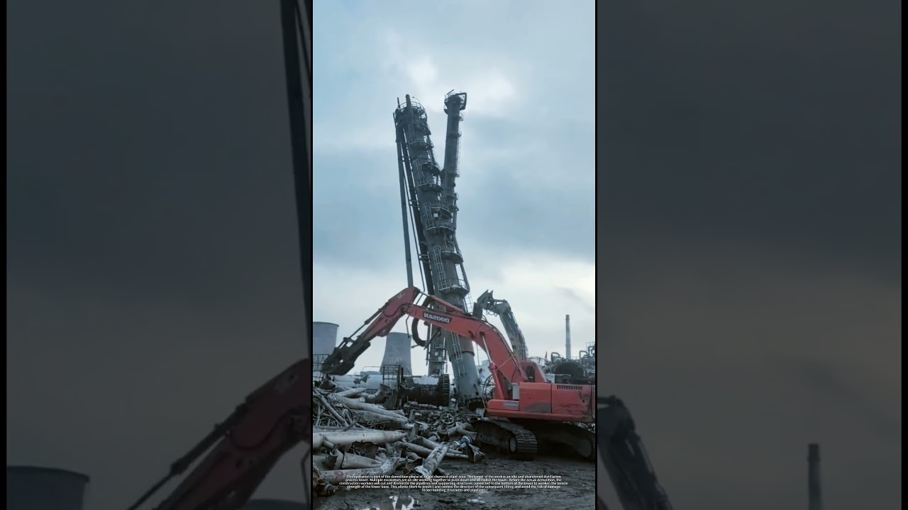 Demolition site of old factory, huge tower collapses under the thrust of excavator!