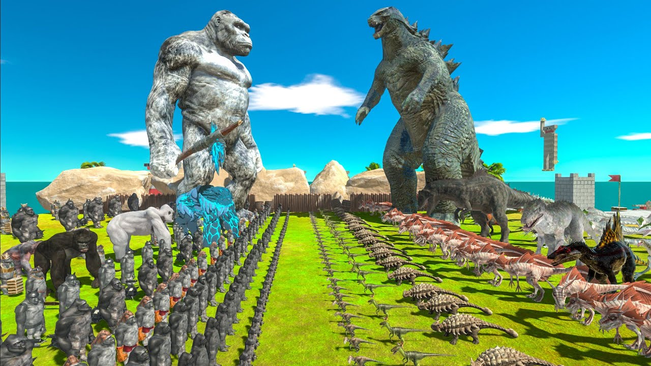 King Kong War - Ice White King Kong Family VS Team Godzilla 2014 + Indominus Rex + Giganotosaurus