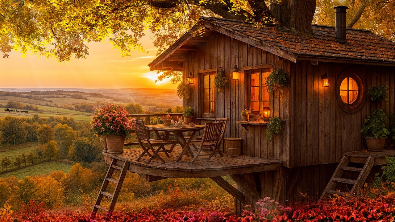 Autumn Sunrise at Cozy Cabin 🌅🍂 | Fireplace, Birdsong & Peaceful Morning Ambience