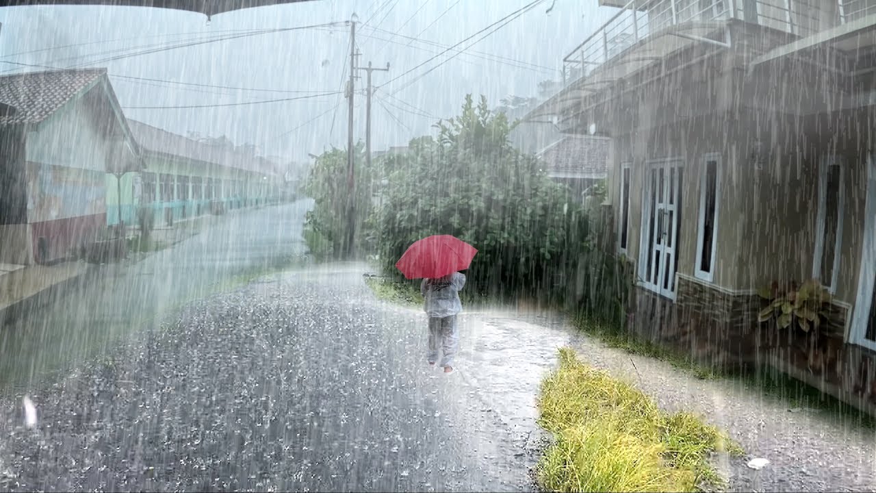 Walking Under Heavy Rain and Thunderstorm with Strong Wind in Quiet Village ASMR 4K Video 10