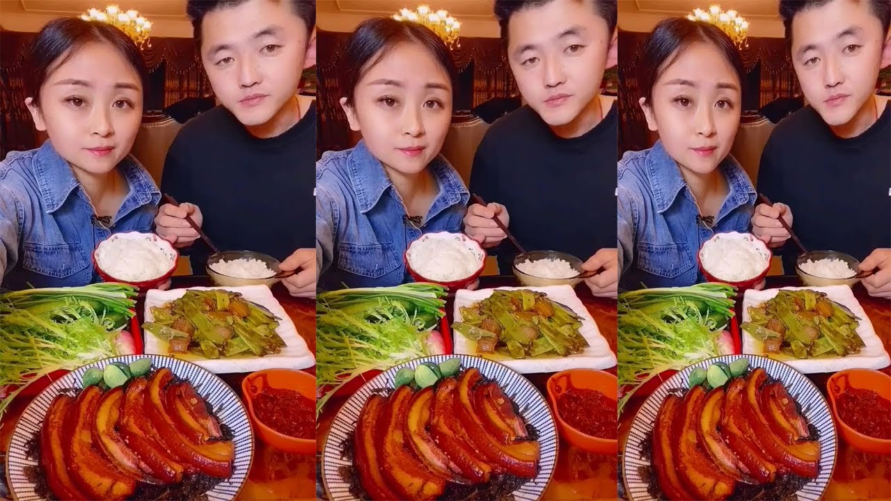 Eating Chinese Family Food / Red Braised Pork with Rice / Noodle with Egg Boil and Sesame Pork Belly