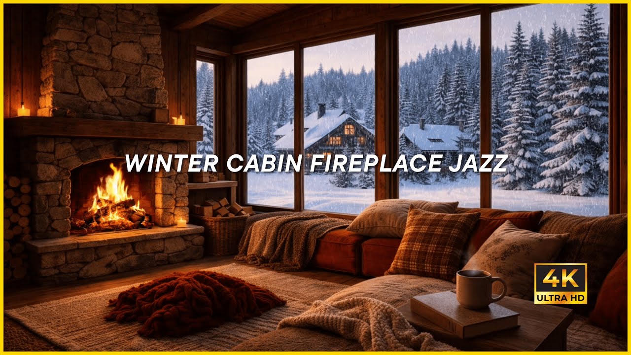 WINTER CABIN FIREPLACE JAZZ (4K) | Cozy Alpine Jazz for Relaxation, Focus & Sleep