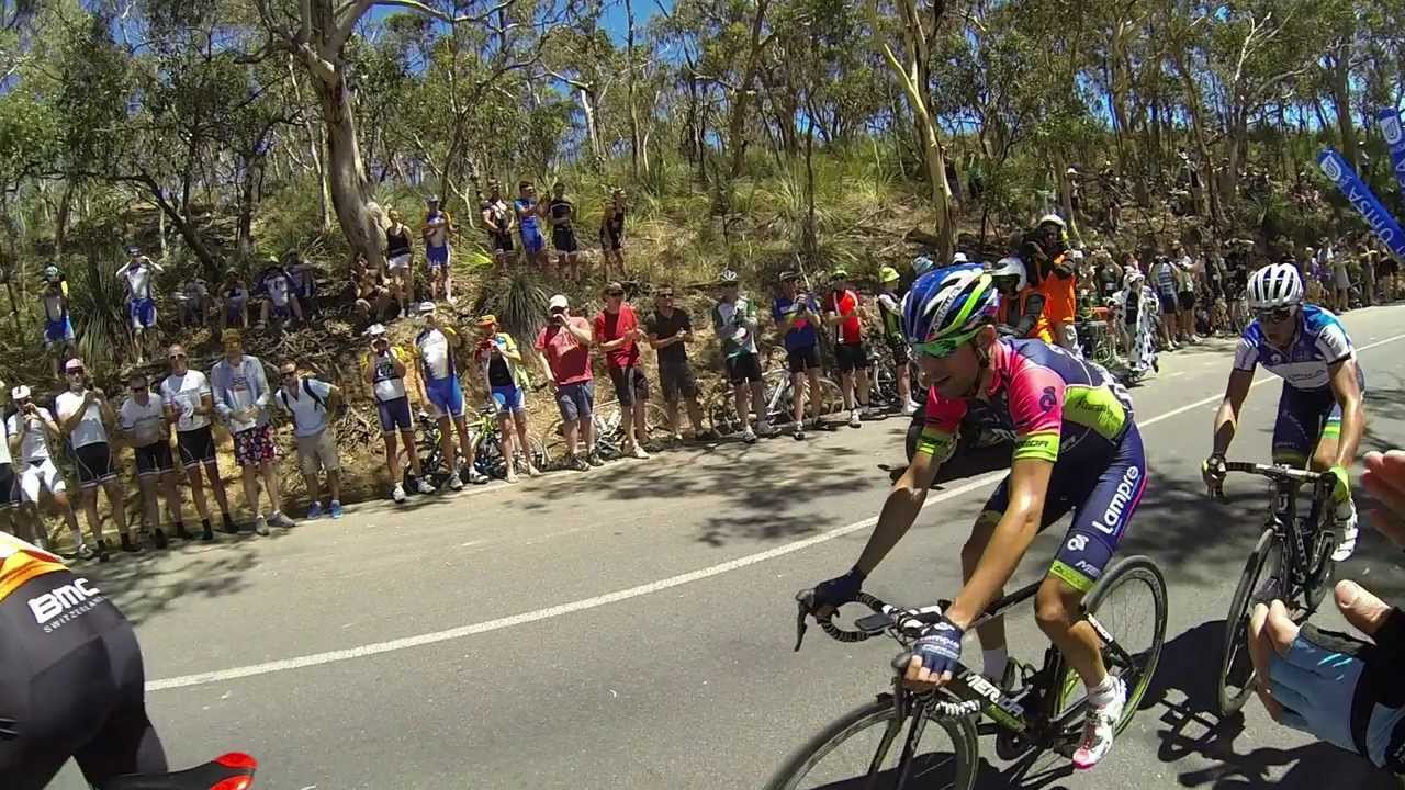 Richie Porte smashing off the front on Willunga with Cadel, Ulissi & Gerrans in pursuit. TDU 2014