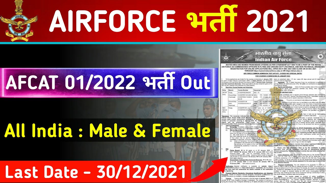 AIRFORCE New Vacancy 2021 | AFCAT 01/2022 Recruitment 2021 | airforce bharti update |