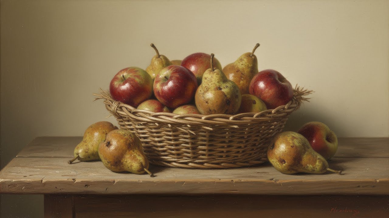 Samsung Frame TV Art - Still Life Apples & Pears Wicker Basket - Bountiful Harvest