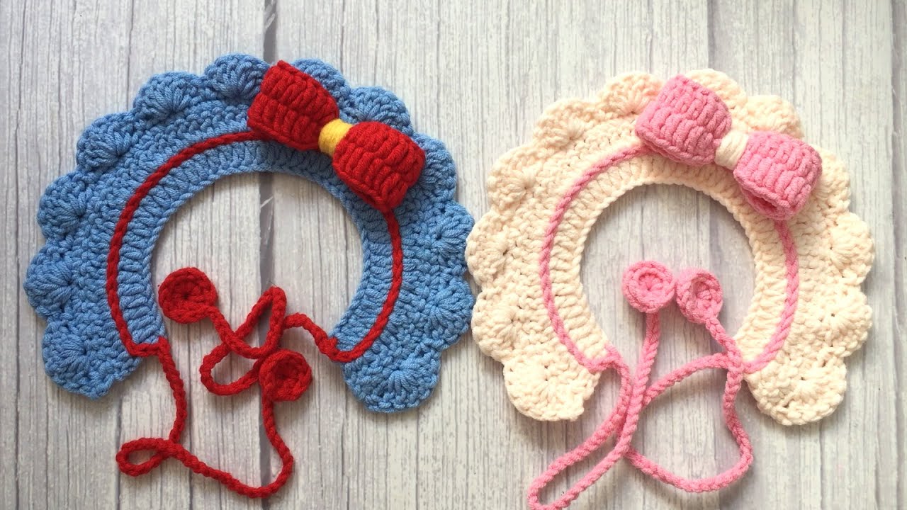 #54 Crochet blue pet collar with cute bow Crochet Tutotial