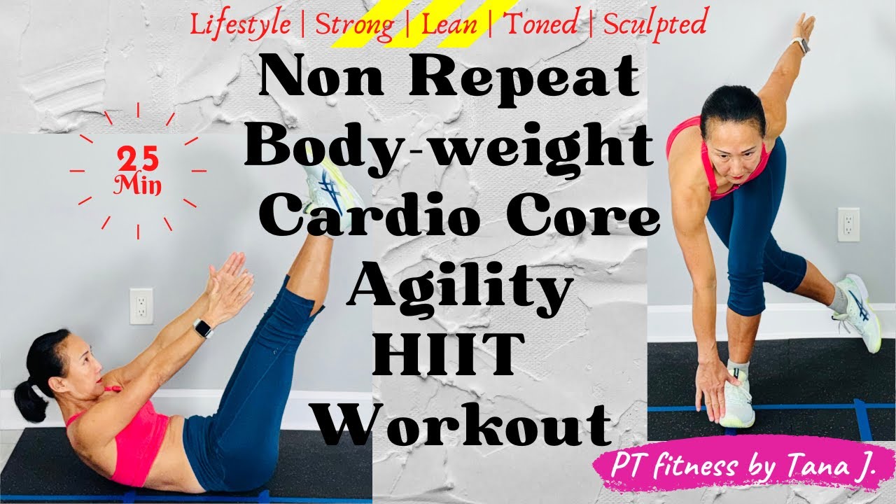 A Quick No Repeat No Equipment Body-weight Cardio Core + Agility HIIT Workout at Home
