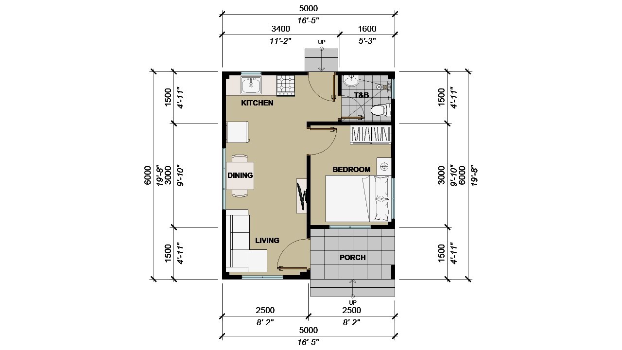 1 Bedroom Floor Plan Small House Design Idea (5x7m16x23ft) 30Sqm323Sqft No.02