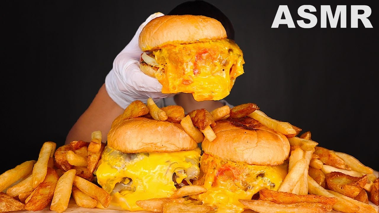 ASMR LA CASA BURGER | CHEESEBURGERS + FRIES + POTATO WEDGES 🍟 (Eating Sound) | MAR ASMR