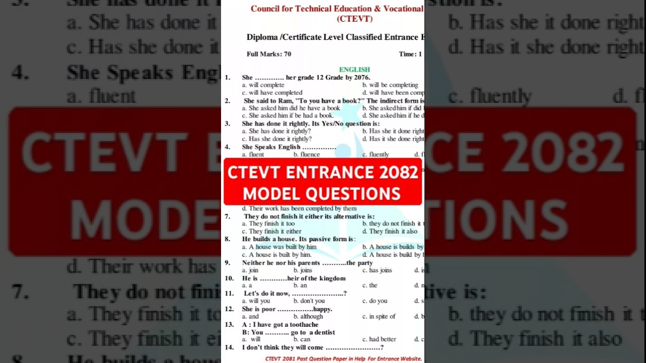 ctevt entrance exam model question 2081| ctevt 2081 entrance preparation | Most Important #shorts