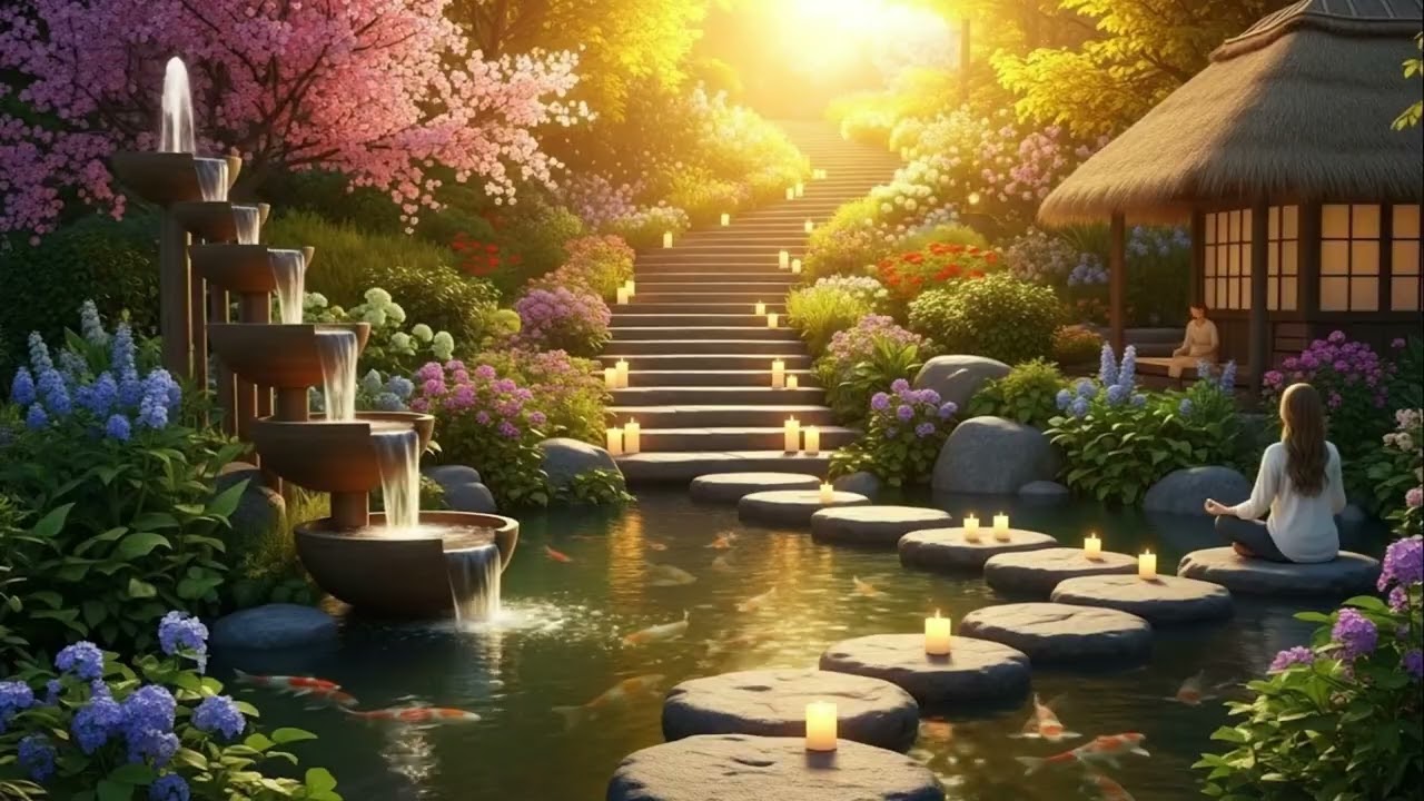 Beautiful Garden & Flowing Water 🌿 Relaxing Piano & Guitar Music