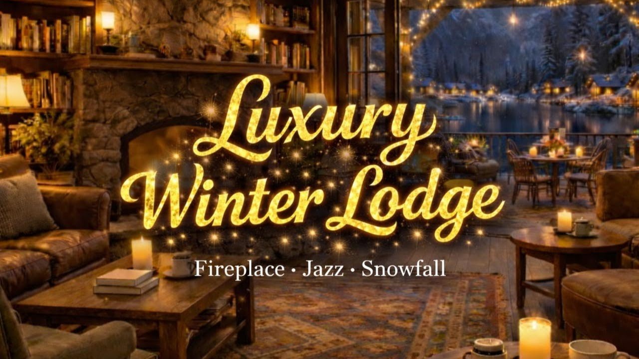 Cozy Winter Lodge Ambience ☕✨ | Warm Jazz, Snowy Lake & Fireplace Evening