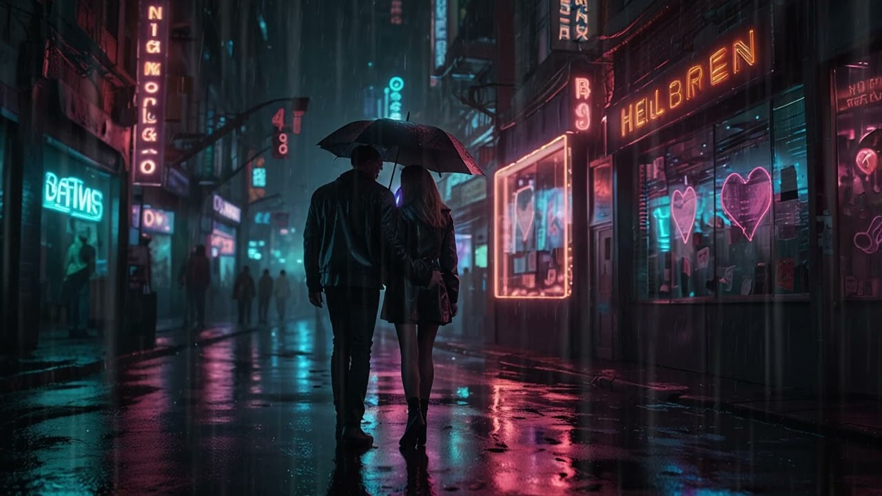 Cyberpunk Couple Walking in Neon Rain Sound | TV Screensaver (1 Hour) | Valentines Day