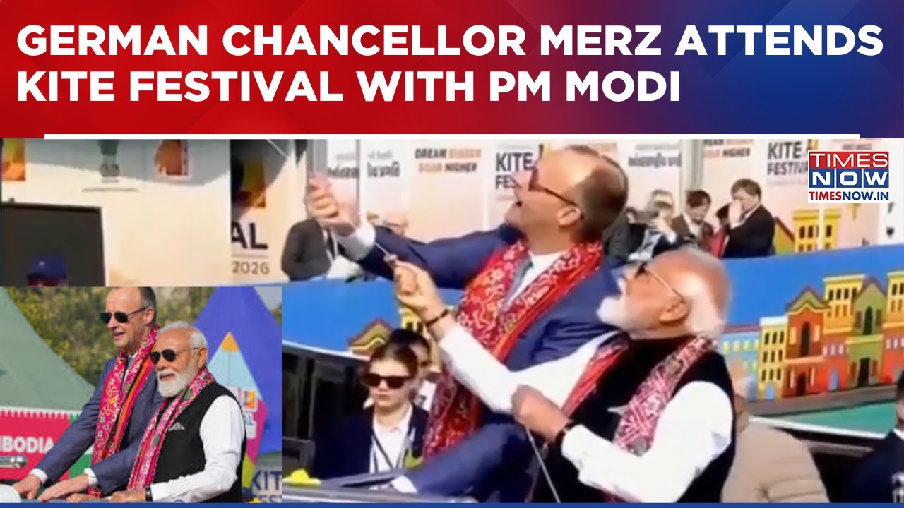 German Chancellor Merz Attends Kite Festival At Ahmedabad’s Sabarmati Riverfront With PM Modi