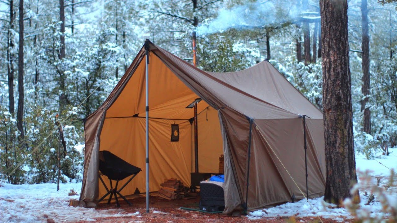Hot Tent Camping in Snow with my Dog, Wood stove ASMR