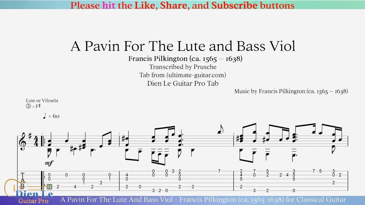 A Pavin For The Lute And Bass Viol - Francis Pilkington (1565-1638) for Classical Guitar with TAB