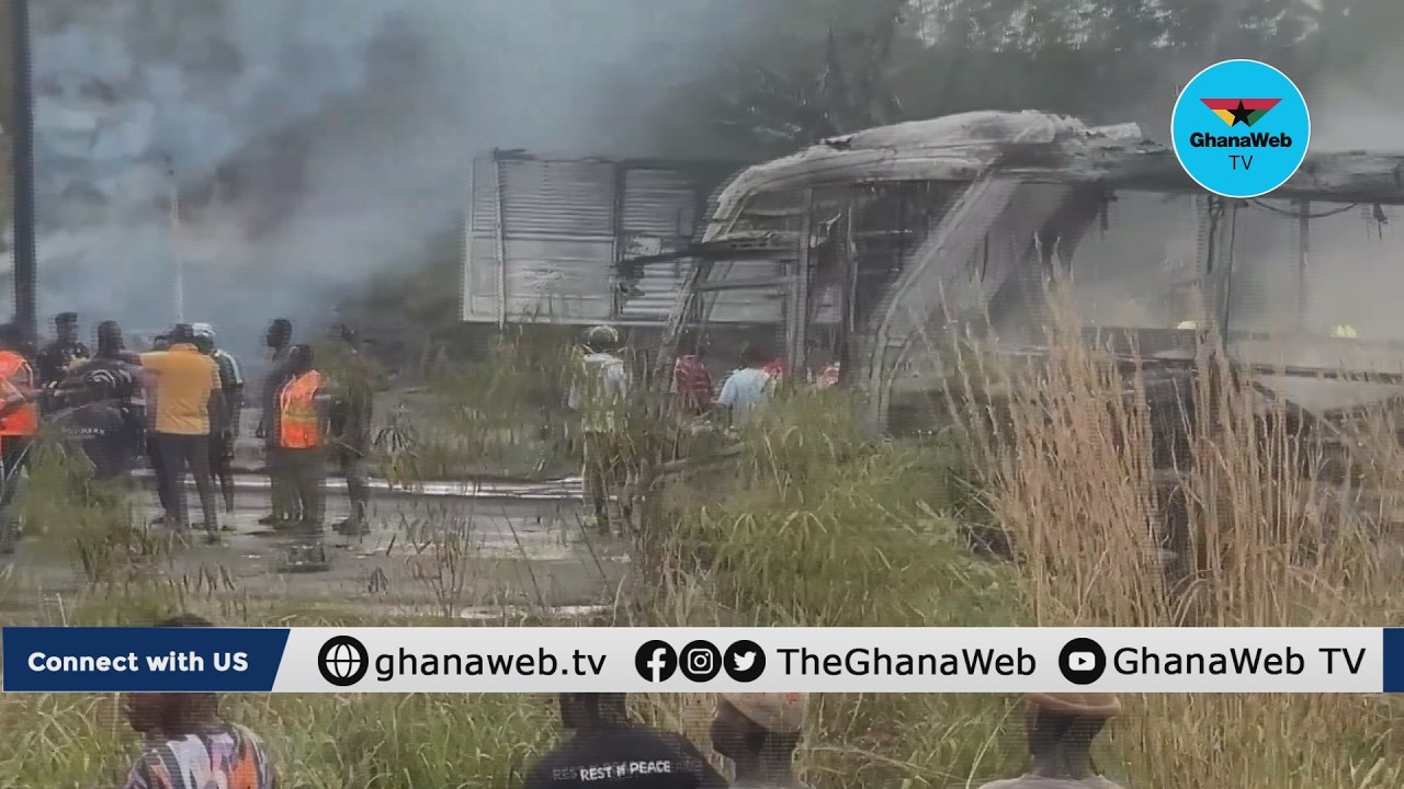 Watch as fuel tanker catches fire after accident on Nsawam Accra-Road