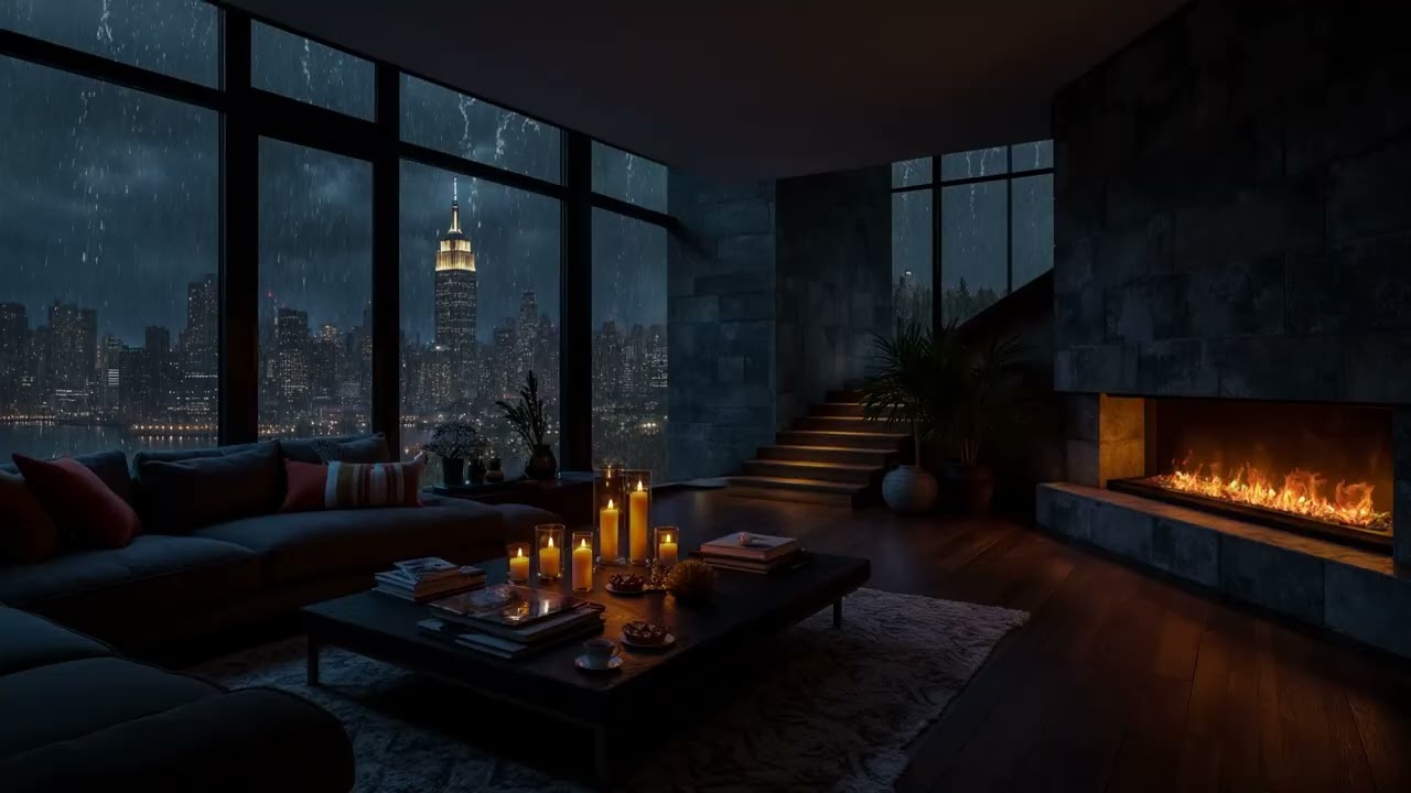 Rainy Night in NYC At Cozy Apartment🌧️Cozy Rain & Fireplace Crackling for HEALING SLEEP😴Relaxing