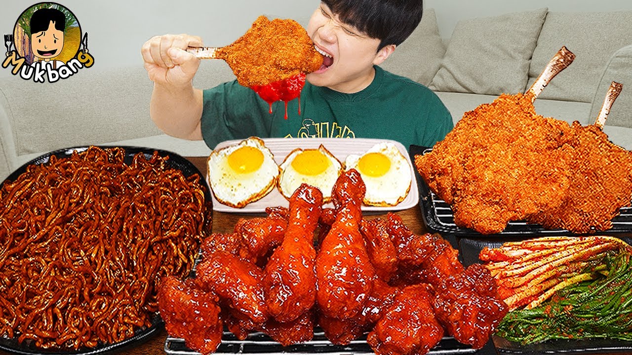ASMR MUKBANG | Жареный цыпленок, стейк, лапша с черной фасолью, кимчи Корейская еда