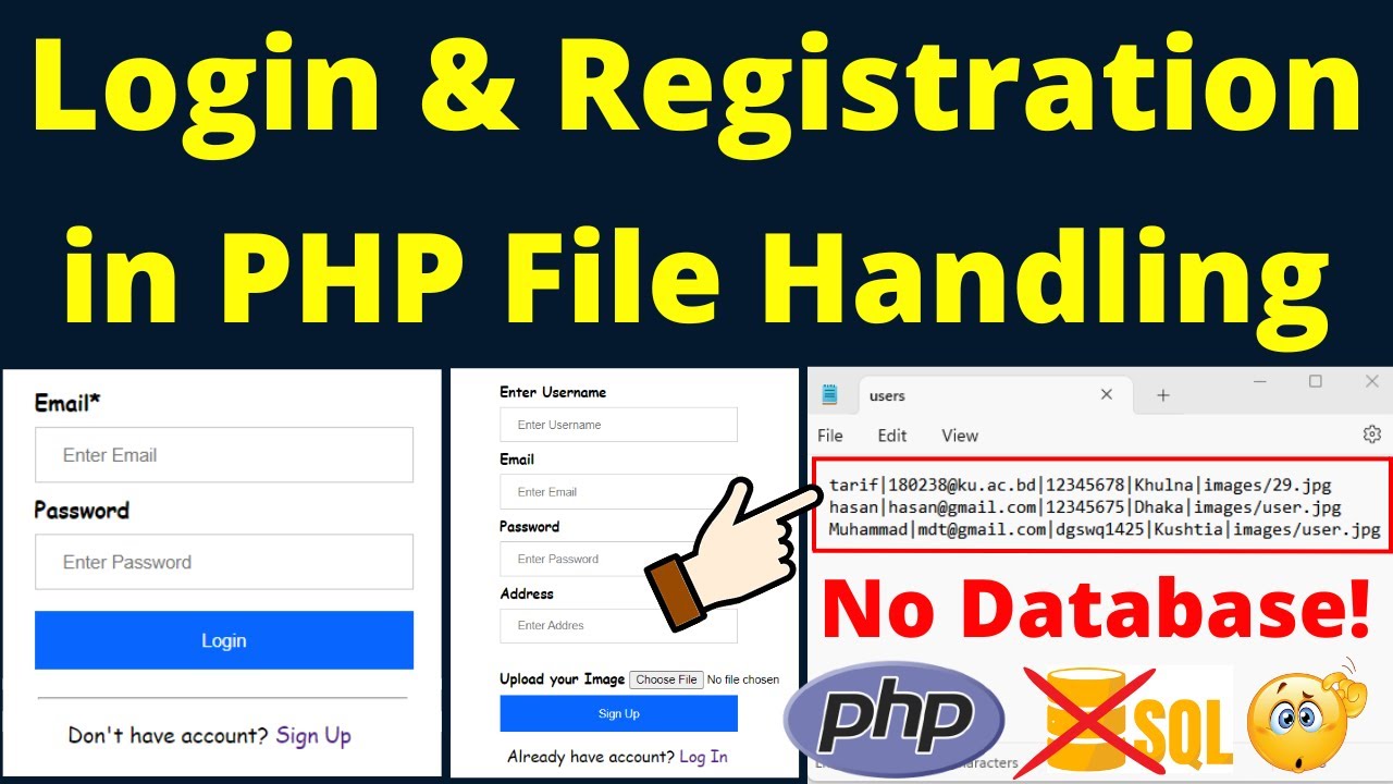 Login and Registration Form in PHP File Handling | Login & Logout PHP Session | PHP File Tutorial