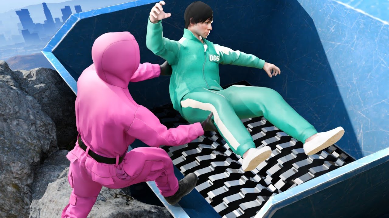 GTA 5 Squid Game Team Crazy Ragdolling into Shredder! (No godmode)