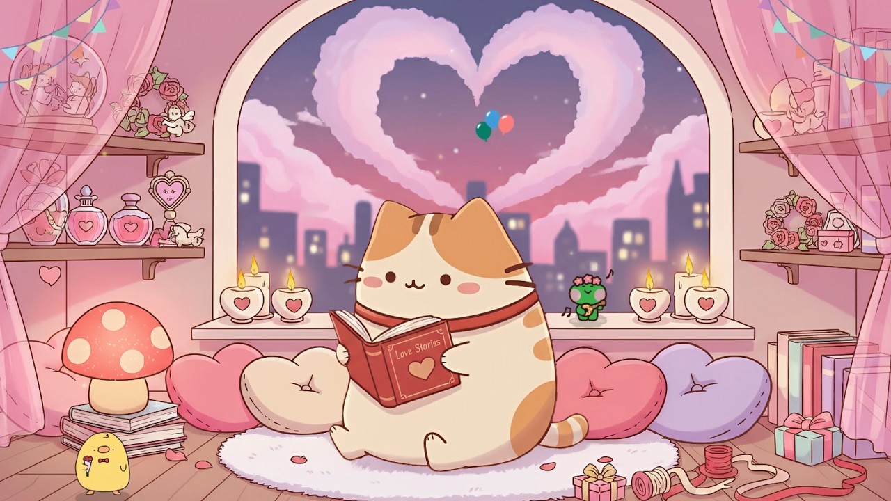 Valentine's Sunset Love 💖 Milky's Cat Cozy Reading Ambience 🌹 Chill Beats for Love