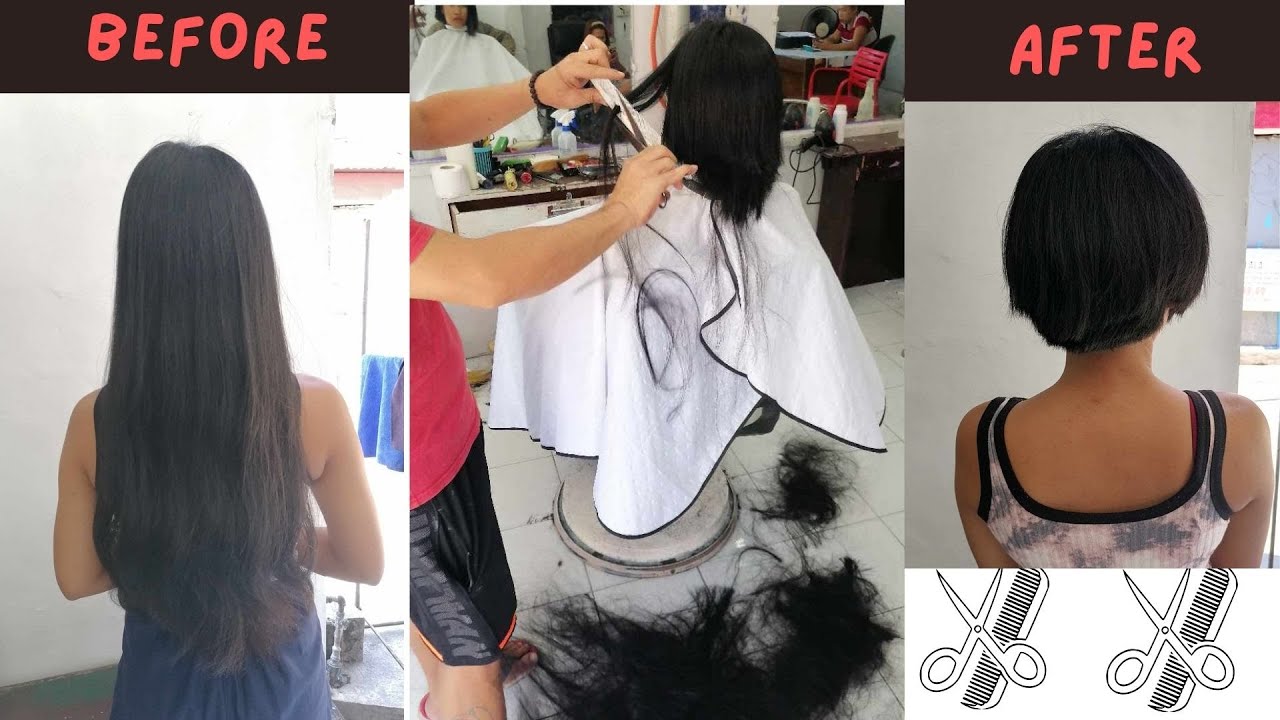 Attractive girl long hair cut short in barbershop #haircut #ladieshaircut #pixiecut #longtoshort