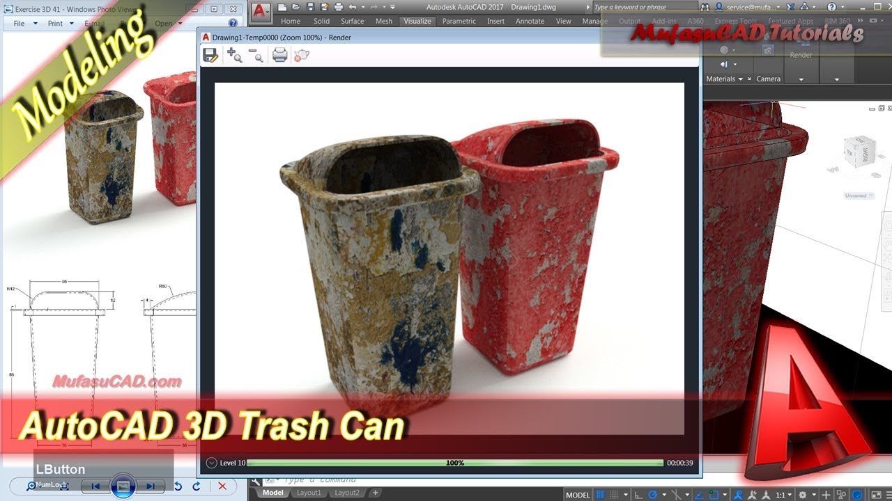 Autocad Tutorial Surface Modeling + Rendering | Trash Can Practice Exercise 42