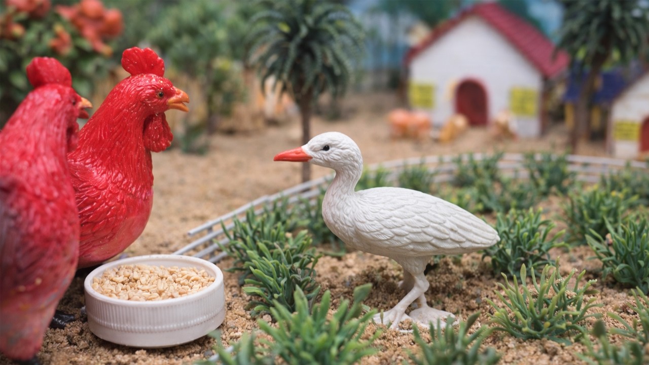 Miniature Farm Animals Diorama | Rooster Feeding Scene with Heron Bird | Cinematic Toy Village Setup