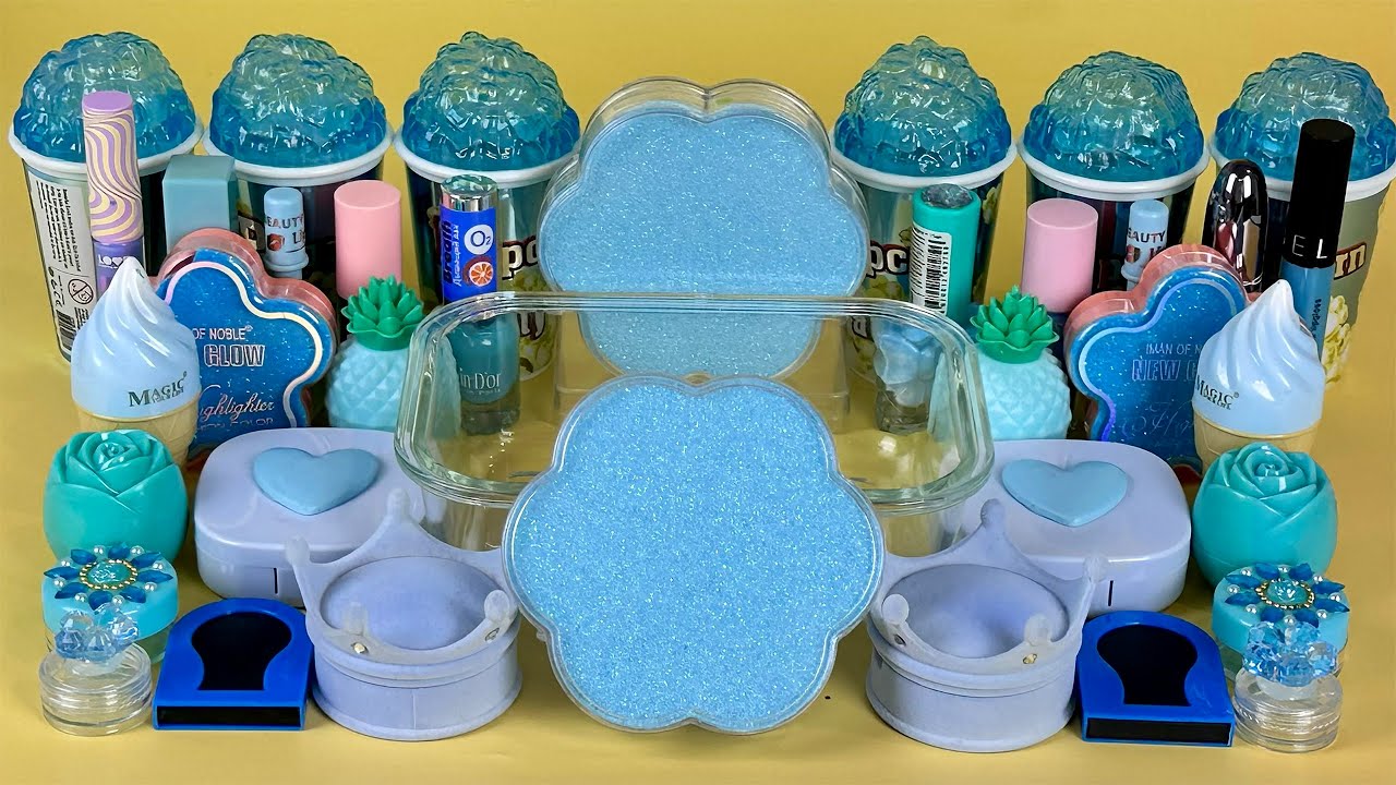BLUE SLIME. Mixing makeup and glitter into Clear Slime. Satisfying Slime Videos 2160p.
