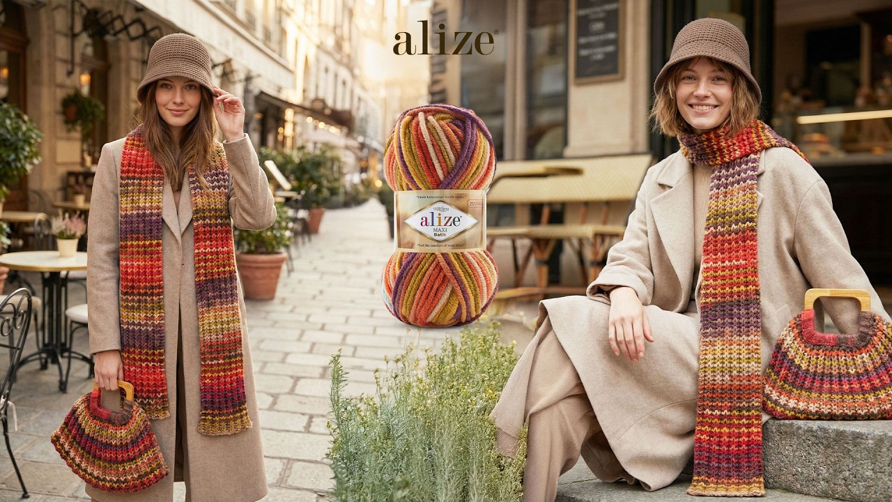 Урок по вязанию шарфа, сумки и шапки из пряжи Alize Superlana Maxi и Alize Superlana Maxi Batik