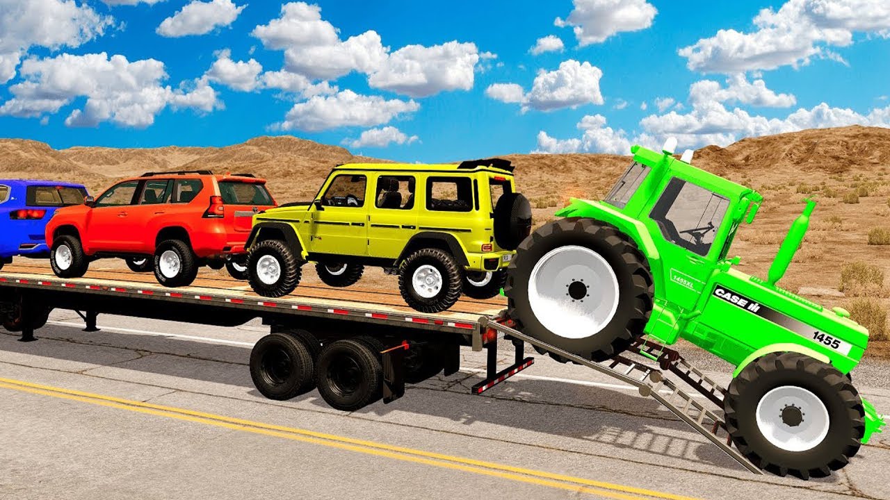 Flatbed Trailer McQueen Cars Transportation with Truck, Truck vs Train #19- BeamNG Drive