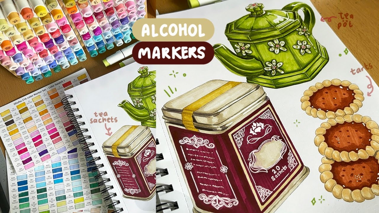 draw with me ✍🏼, food illustration using alcohol markers 🍵🫖 | 216 colors, new lamp, art vlog