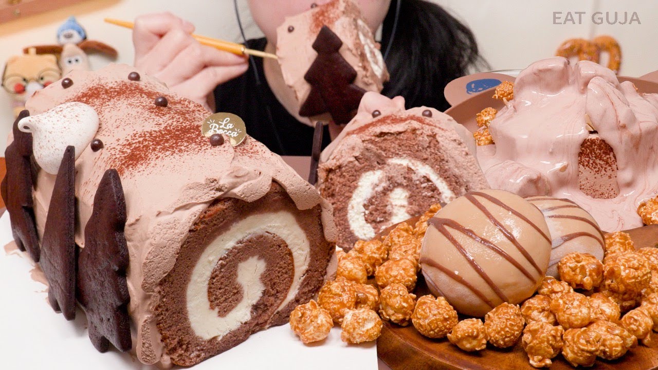 사르르 녹는 초코 부쉬드노엘 케이크🍫 요거트 말먹까지! 디저트 ASMR 먹방