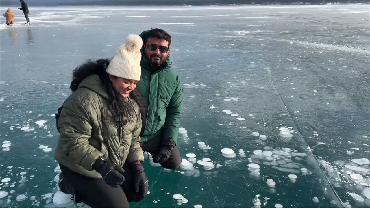 Abraham lake ice bubbles season. Banff Alberta 
