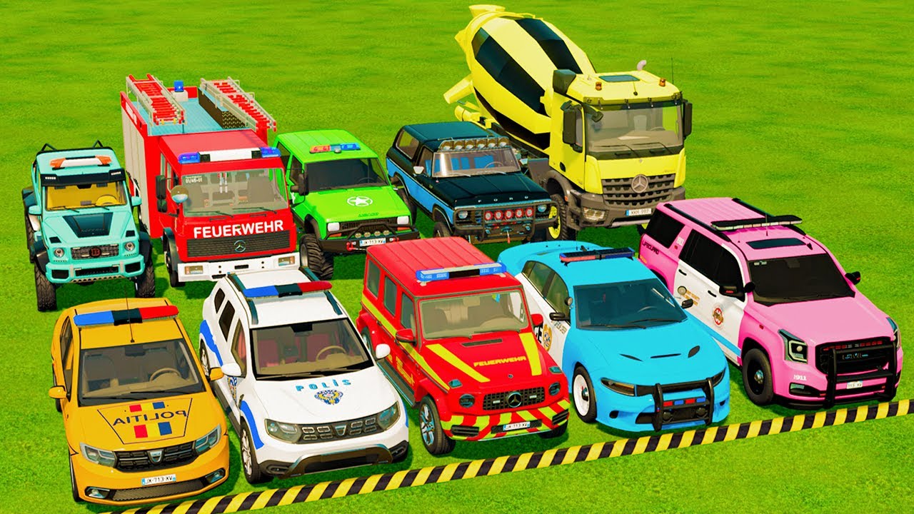 TRANSPORTING POLICE CARS, AMBULANCE, FIRE TRUCK, COLORFUL CARS WITH TRUCK -FARMING SIMULATOR 22!