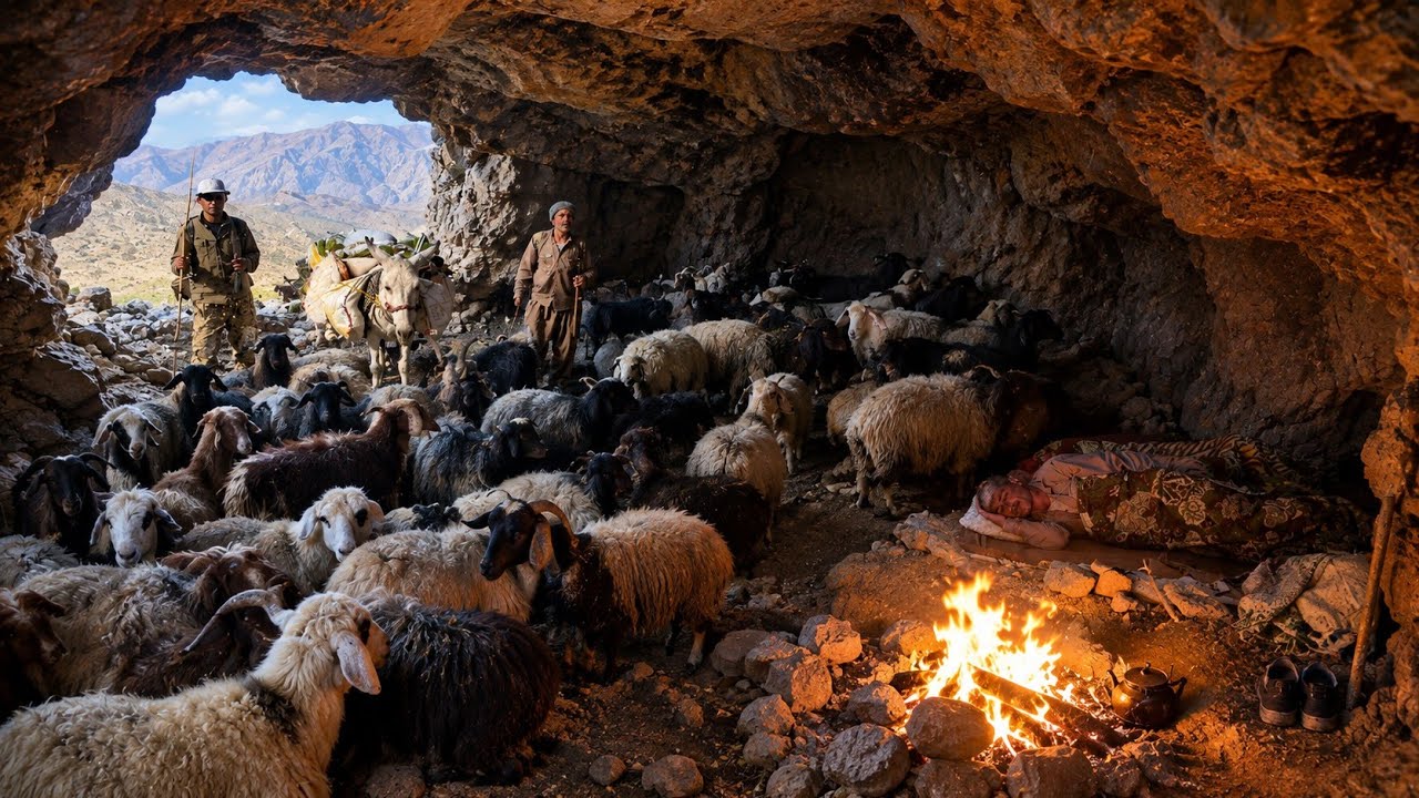 🌃🔥 Пастух и его стадо укрываются в пещере | Ночевка под звездным небом 🐑 ⛰️