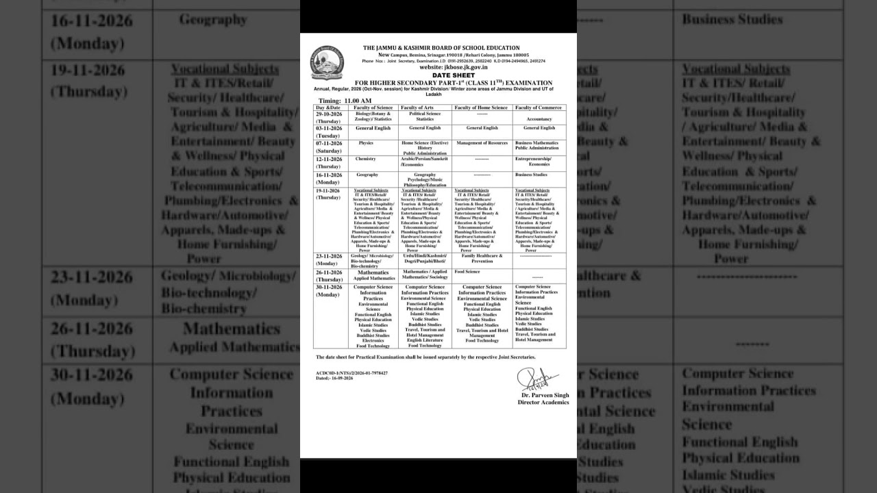 JKBOSE Class 11th Date Sheet 2026 Released | Annual Regular