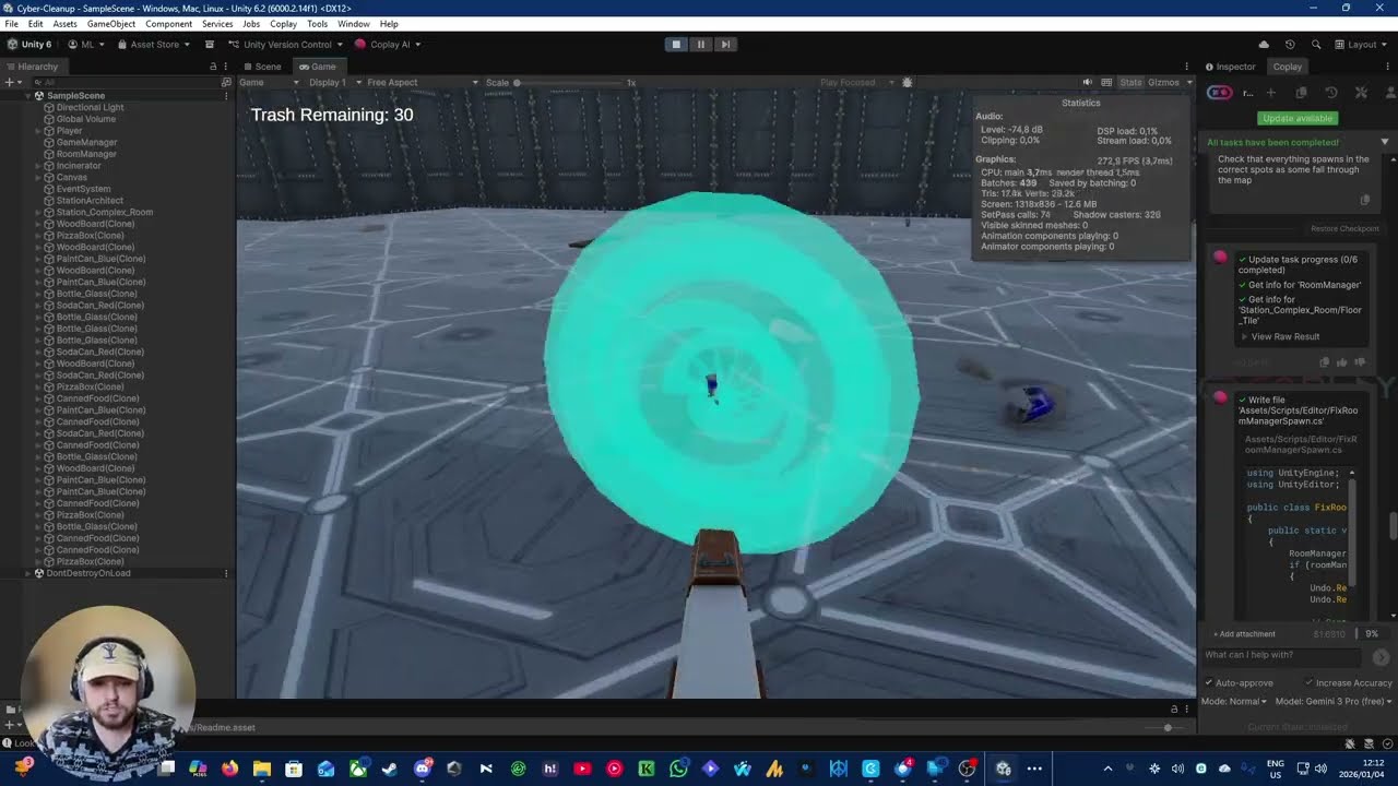 Space trash cleanup game created using Coplay AI in Unity (Gemini 3 pro)