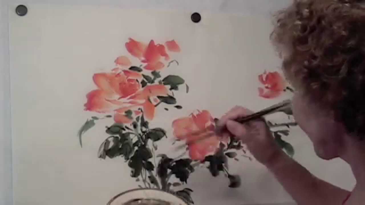 Splashy Roses: Chinese brush painting by Virginia Lloyd-Davies