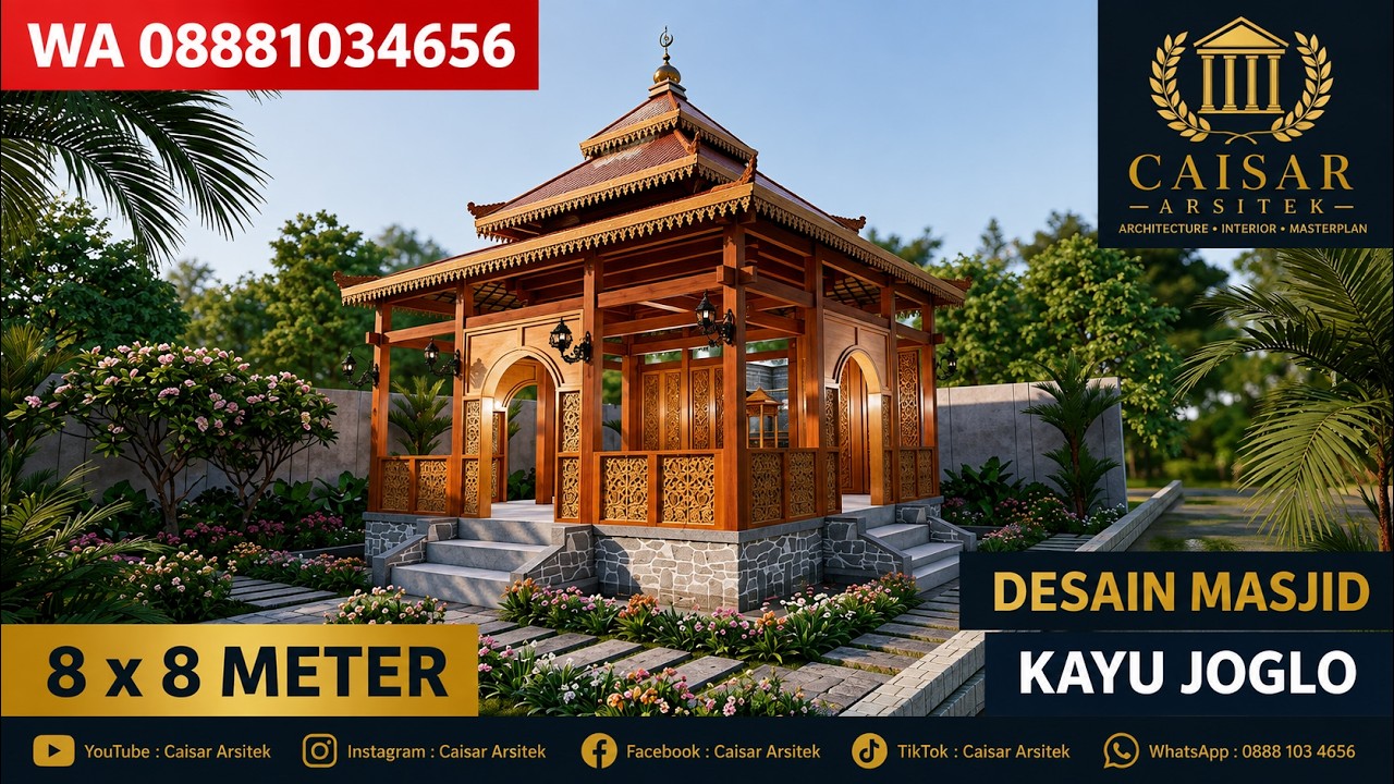 Inspirasi Referensi Gambar 3D Desain Masjid atau Mushola Kayu Gaya Tradisional Joglo