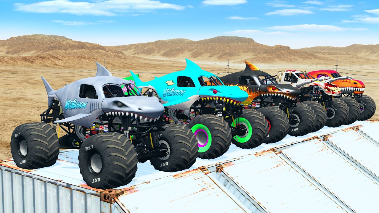 Big Monster Trucks Transport Triple Flatbed with Color Slide