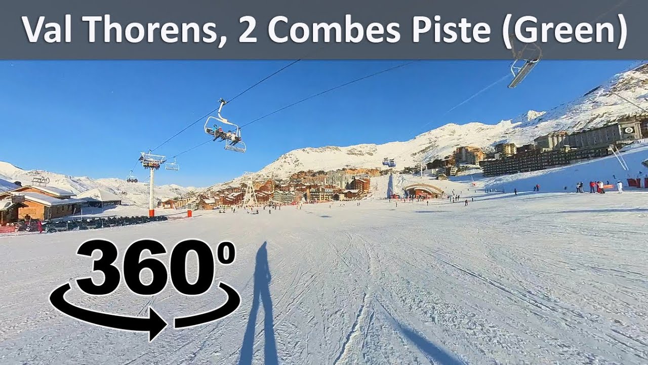 360° video, Val Thorens, Three Valleys, 2 Combes green ski run / piste, December 2022