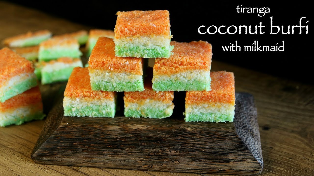 coconut barfi recipe with milkmaid | tri colour coconut burfi or nariyal barfi