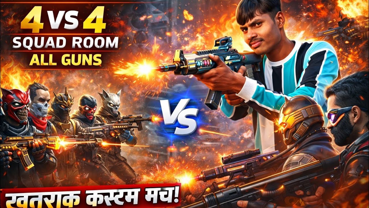 Free Fire 4 vs 4 Squad Room 🔥 All Guns Custom Match | Khatarnaak Battle 😱 FF Gameplay