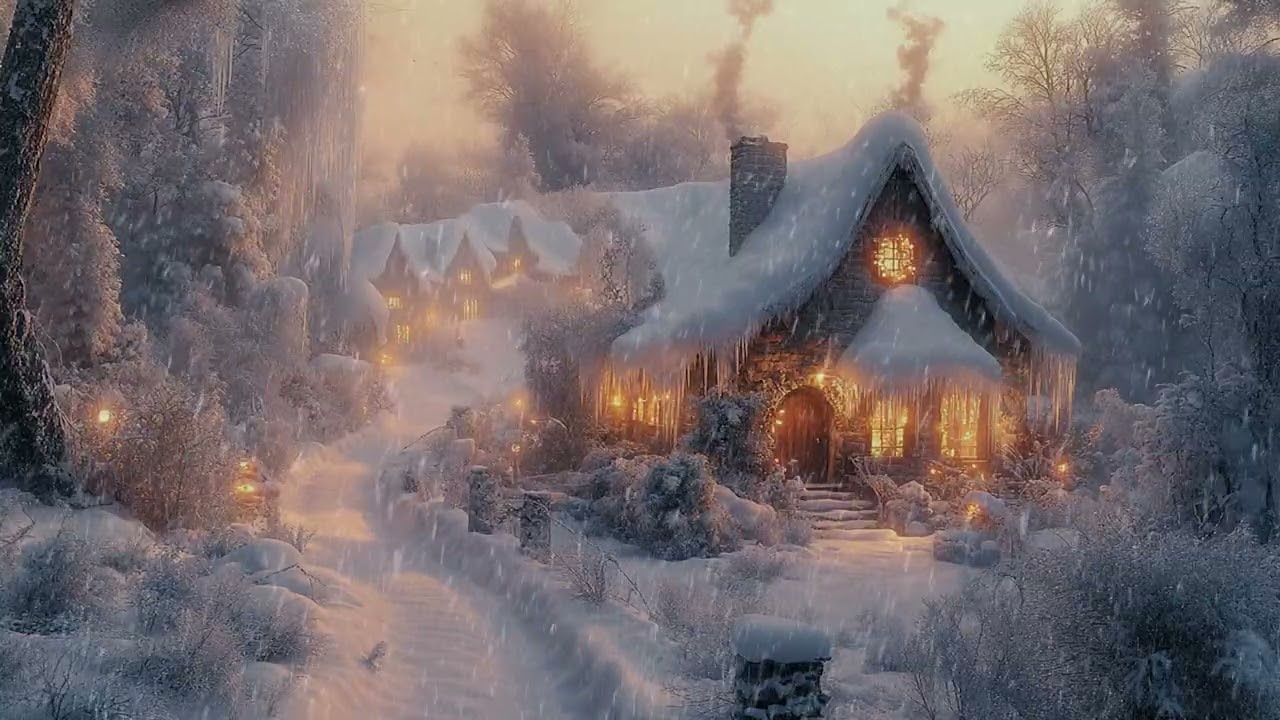 Winter Night Over a Small Town with Continuous Snowfall and No Human Sound