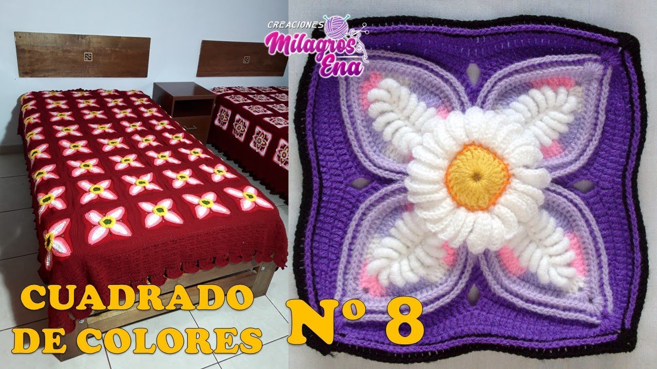 Como tejer el Cuadrado o muestra de colores N° 8 a crochet para colchas y cojines paso a paso