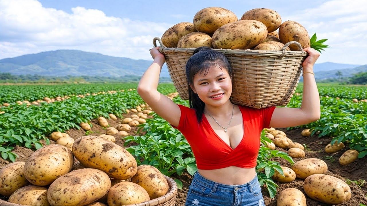 Harvesting 1000+kg GIANT Potatoes on The Field, Selling at Market, Making Crispy French Fries