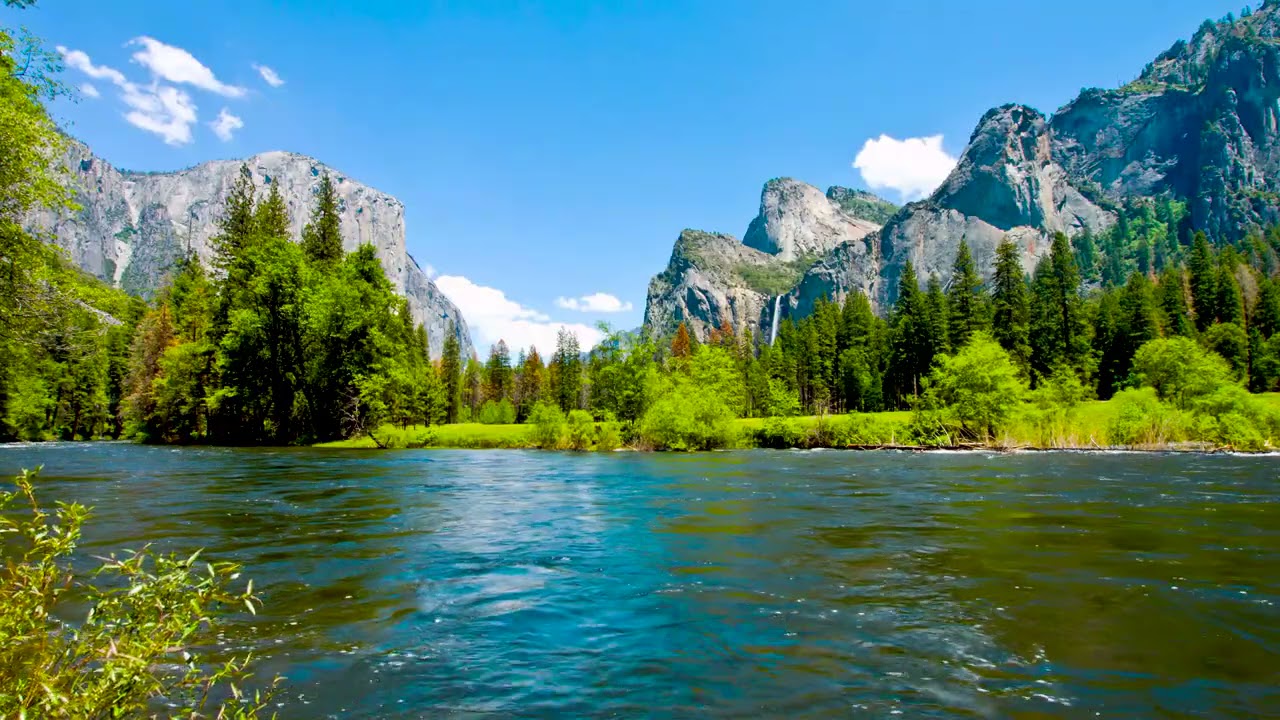 4k Merced River from Waterfall in USA Valley. Relaxing River White Noise/ Sleep/ Study/ Meditation.