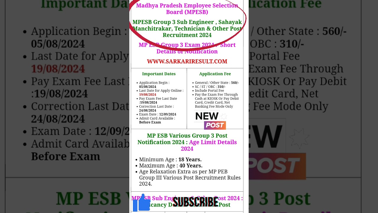 mp sub engineew vacancy 2024 | total post- 283 | mp sub engineer syllabus qualification full details